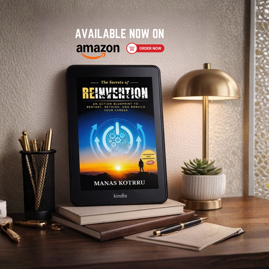 The Secrets of Reinvention by Manas Kotrru, shown on a Kindle — available now on Amazon